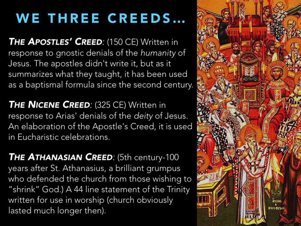 Christian creeds
Apostles' Creed
Nicene Creed
Athanasian Creed
History of Christian doctrine
Early church beliefs
Trinity
Deity of Jesus
Humanity of Jesus
Gnosticism
Arianism
Church councils
Christian worship
Theology
Christian history