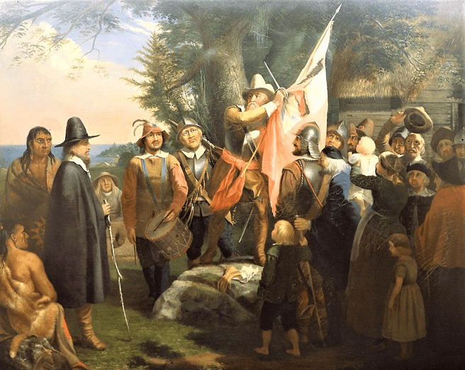 ohn Endecott Defaces the King’s Colors

In 1634, Charles I, the King of England, tried to force the Puritans in Massachusetts to celebrate the ceremonies of the Church of England. John, being a staunch Puritan, opposed the Church of England because he thought it was too much like the Catholic Church. Furthermore, since mixing religion, soldiering, and politics, as was common at that time, John may have been inflamed by the fiery eloquence of the Puritan preacher Roger Williams, to the point that John ordered that the Cross of St. George in the colonial banner be defaced because, as he put it, it “savored Popery