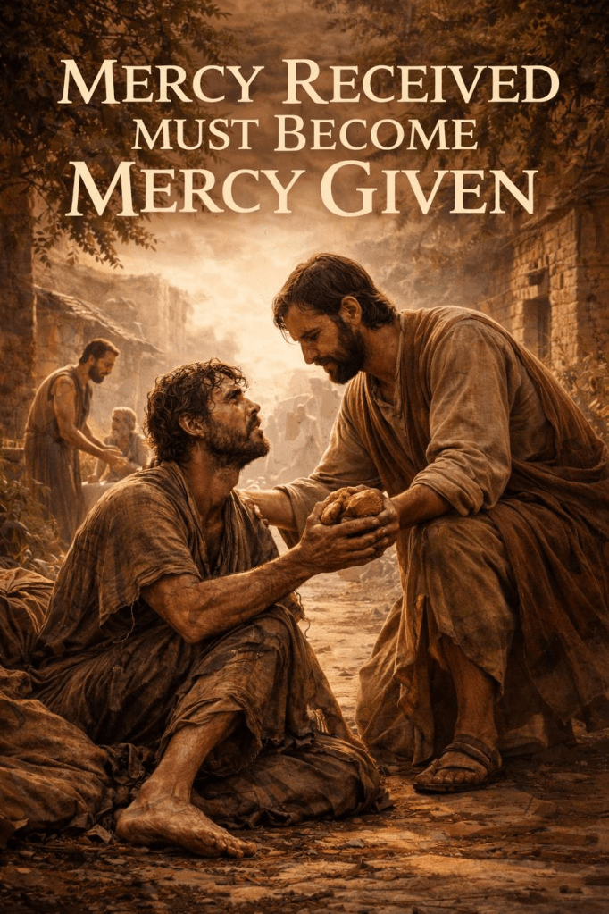 Artistic biblical scene depicting a Christ-like figure extending compassion and provision to a suffering man. The image reflects the Christian teaching that mercy received from God must overflow into mercy shown toward others, echoing themes of grace, forgiveness, and love of neighbor.