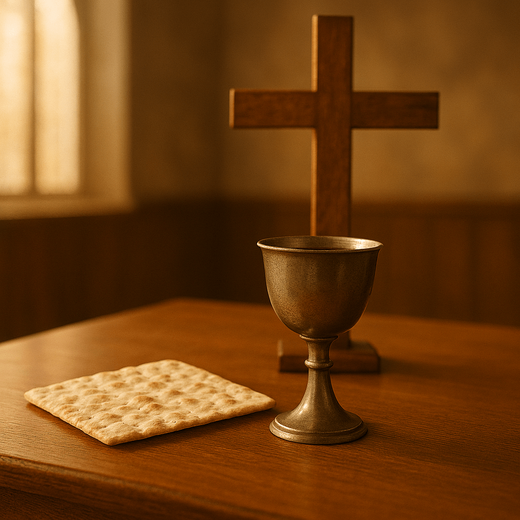“Artistic image depicting the Lord’s Supper with bread, wine, and Scripture set behind a fenced barrier. The image illustrates the theological concept of fencing communion, emphasizing reverence, self-examination, and the church’s loving responsibility to guard the sacrament according to Scripture and historic Christian teaching.”