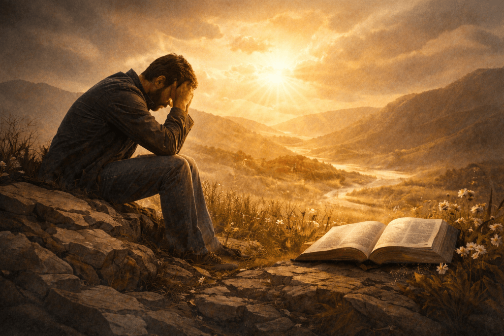 “Dramatic Christian cover image depicting a man struggling with despair beneath dark storm clouds while light shines upon the cross and the open Bible. This image reflects a biblical worldview of depression, suffering, perseverance, and hope in Christ, echoing themes from Scripture such as 2 Corinthians 4:8–9 and Psalm 34:19.”