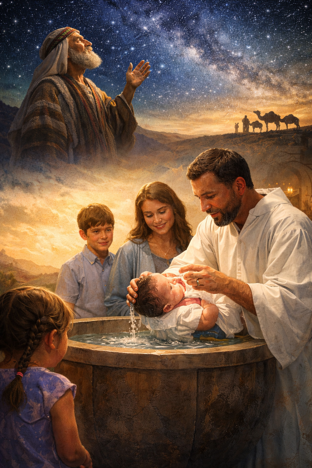 This image portrays a pastor baptizing an infant while family members look on, set against a symbolic backdrop of Abraham gazing at the stars. It visually connects Genesis 15 and Acts 2:39, emphasizing the covenant promise of God to believers and their children. Ideal for articles defending covenant theology, paedobaptism, the continuity of the Abrahamic covenant, and the biblical foundation for infant baptism within Reformed theology.