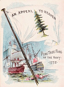This historical-themed image depicts colonial American patriots raising the Appeal to Heaven Flag, featuring the iconic pine tree symbol associated with New England and the early American struggle for independence. Naval ships and revolutionary figures stand in the background, emphasizing the flag's connection to the American Revolution. The phrase "An Appeal to Heaven" reflected the belief that when earthly authorities fail to provide justice, people may appeal to the righteous judgment of God. The image highlights themes of liberty, providence, colonial resistance, and the historical foundations of American independence.